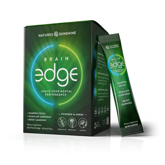 Nature's Sunshine Brain Edge – Mental Clarity, Focus & Energy Drink Mix, Nootropic Herb Blend with Yerba Mate, Ginkgo & Rhodiola, 24 Stick Packs